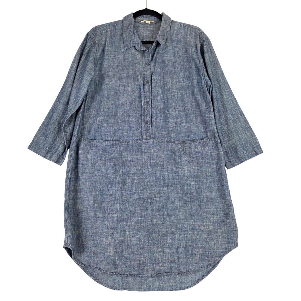 Eileen Fisher Hemp Organic Cotton Tunic Shirt Dress Blue Pockets Lightweight Sm
